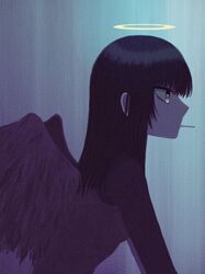  1girl black_hair black_wings cigarette feathered_wings from_side haibane_renmei halo highres ichikawahonzen long_hair profile reki_(haibane) solo upper_body wings 