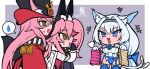  3girls animal_ear_fluff animal_ears bare_shoulders black_bow black_gloves black_headwear blue_bow blue_eyes blue_leotard blue_ribbon blue_thighhighs blush bow breasts cat_ears cat_girl cat_tail chibi cloak coat corset dobrynya_nikitich_(fate) dobrynya_nikitich_(third_ascension)_(fate) dress dress_shirt epaulettes fate/grand_order fate_(series) fox_ears fox_girl fox_tail glasses gloves hacco_mayu hair_between_eyes hair_bow hairband hat highres koyanskaya_(assassin)_(second_ascension)_(fate) koyanskaya_(fate) koyanskaya_(foreigner)_(second_ascension)_(fate) large_breasts leotard long_hair long_sleeves low_ponytail multiple_girls open_mouth pink_hair rabbit_ears red_coat ribbon shirt short_dress sidelocks smile tail tamamo_(fate) thigh-highs top_hat twintails white_cloak white_dress white_hair white_shirt yellow_eyes 