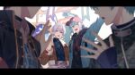  4boys aiue_o_eiua arm_up backlighting baseball_cap black_hoodie black_jacket blue_hair blue_jacket blue_shirt blurry blurry_foreground brown_jacket commentary_request faceless faceless_male flag fur-trimmed_jacket fur_trim green_hair hat highres hood hoodie idolish7 inumaru_toma isumi_haruka jacket letterboxed light_blue_hair looking_at_another looking_back male_focus multiple_boys open_mouth osaka_sougo pants purple_pants red_headwear shaded_face shirt short_hair short_ponytail sidelocks signpost simple_background smile upper_body waving white_background yotsuba_tamaki 