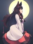  1girl animal_ears breasts brown_hair dress frilled_sleeves frills from_side full_moon imaizumi_kagerou kuromiya long_hair long_sleeves moon one-hour_drawing_challenge open_mouth profile red_eyes red_skirt skirt sleeves_past_wrists small_breasts solo touhou twitter_username very_long_hair white_dress wolf_ears 