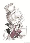  1boy belt_collar black_cape black_choker black_vest bungou_stray_dogs cape card chinese_commentary choker collar collared_cape commentary_request cui_(jidanhaidaitang) fangs finger_to_own_chin frilled_sleeves frills gloves green_eyes hat high_collar highres long_sleeves male_focus nikolai_gogol_(bungou_stray_dogs) one-eyed open_mouth playing_card purple_gloves scar scar_across_eye shirt short_hair simple_background sleeves_past_wrists smile solo top_hat two-sided_cape two-sided_fabric upper_body vest watermark weibo_logo weibo_username white_background white_cape white_hair white_headwear white_shirt 