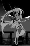  1girl ahoge bow_(weapon) copyright_name detached_sleeves dress etoryoku fake_horns fate/grand_order fate/grand_order_arcade fate_(series) from_behind full_body high_heels highres holding holding_bow_(weapon) holding_weapon horns looking_afar monochrome outdoors sita_(fate) skinny solo thigh-highs twintails twitter_username weapon 