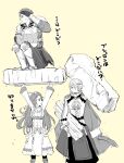  1girl 2boys abs alfred_(fire_emblem) ascot boucheron_(fire_emblem) cape circlet dadaga03 etie_(fire_emblem) fire_emblem fire_emblem_engage greyscale hair_ribbon highres holding long_hair long_sleeves looking_at_another midriff monochrome multiple_boys ribbon short_hair skirt yellow_background 