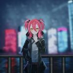  1girl belt blurry blurry_background coat highres hololive hololive_china redhead trench_coat twintails virtual_youtuber yogiri_(hololive) 