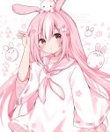  1girl animal_ears blush cherry_blossoms dress fake_animal_ears hair_ornament hand_up kokoshira_0510 long_hair long_sleeves looking_to_the_side multicolored_hair neckerchief original pink_eyes pink_hair rabbit_ears rabbit_hair_ornament ribbon-trimmed_sleeves ribbon_trim sailor_collar sailor_dress solo stuffed_animal stuffed_rabbit stuffed_toy very_long_hair white_hair wide_sleeves 