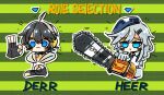  1boy 1girl :3 :d ahoge arrow_(symbol) beret black_gloves black_hair black_necktie blue_eyes blue_headwear blush braid brother_and_sister chainsaw character_name character_select chibi chinese_commentary closed_mouth commentary_request dier_(girls&#039;_frontline) english_text fingerless_gloves girls_frontline gloves green_background grey_hair hair_between_eyes hair_ornament hairclip hat headphones holding holding_chainsaw hood hoodie long_hair necktie notice_lines ok_sign open_mouth short_hair siblings sier_(girls&#039;_frontline) smile striped striped_background su_xiao_jei white_hoodie 