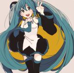  1girl blue_eyes blue_hair blush collared_shirt detached_sleeves hand_up hatsune_miku headphones long_hair long_sleeves looking_at_viewer nail_polish necktie open_mouth pleated_skirt ponponzutea shirt skirt sleeveless sleeveless_shirt smile solo thigh-highs twintails v very_long_hair vocaloid 