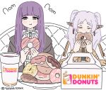  2girls black_robe capelet chair coffee coffee_cup cup dangle_earrings disposable_cup doughnut dress drop_earrings dunkin&#039;_donuts earrings eating elf fern_(sousou_no_frieren) food frieren grey_hair holding_doughnut jewelry light_blush long_hair multiple_girls plate pointy_ears purple_hair robe sitting sousou_no_frieren twintails violet_eyes white_capelet white_dress yunayuispink 