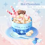  artist_name bow chocolate chocomiruki cup cursive dessert english_text food food_focus heart hot_chocolate marshmallow no_humans original plaid plate spoon sprinkles star_(symbol) still_life wafer_stick 