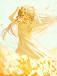  1girl blonde_hair blush closed_eyes commentary_request dress facing_viewer falling_petals field flower_wreath hands_up head_wreath highres long_hair open_mouth original outdoors peperonnronna petals sleeveless sleeveless_dress smile very_long_hair 