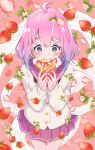  blush candy_hair_ornament crepe eating flower food food-themed_hair_ornament fruit green_eyes hair_ornament hairclip hatanaka_marie heterochromia highres himemori_luna holding holding_food hololive multicolored_hair pink_hair sailor_collar skirt strawberry strawberry_blossoms sweater violet_eyes virtual_youtuber 