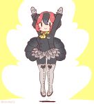  1girl arms_up australian_brushturkey_(kemono_friends) bird_girl bird_tail black_hair boots bow bowtie coroha full_body gloves jacket jumping kemono_friends kemono_friends_3 looking_at_viewer multicolored_hair pantyhose redhead short_hair simple_background skirt solo tail two-tone_hair yellow_background 
