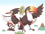  ? absurdres alolan_exeggutor animal_focus beak bird bird_tail black_feathers blue_eyes diglett evolutionary_line feathers gradient_background highres neko_gyoza no_humans pikipek pokemon pokemon_(creature) sitting tail toucan toucannon trumbeak white_background wings 