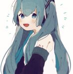  1girl blue_eyes blue_hair blush detached_sleeves hatsune_miku long_hair long_sleeves looking_at_viewer open_mouth ponponzutea shirt sleeveless sleeveless_shirt smile solo twintails upper_body vocaloid 