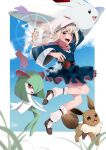  1girl akari_(pokemon) akari_(pokemon)_(cosplay) bandana blue_kimono blue_sky blush breasts cosplay eevee fate/kaleid_liner_prisma_illya fate_(series) galaxy_expedition_team_survey_corps_uniform highres illyasviel_von_einzbern japanese_clothes kimono kirlia kneehighs long_hair looking_at_viewer loose_socks magical_ruby open_mouth pei_iriya pink_scarf poke_ball pokemon pokemon_(creature) pokemon_legends:_arceus red_eyes sash scarf sidelocks sky small_breasts smile socks togetic white_bandana white_hair 