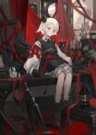  1girl belt black_footwear black_gloves black_horns closed_mouth collared_shirt gloves grey_eyes highres horns indoors long_sleeves looking_at_viewer original pointy_ears shirt short_hair sitting sitting_on_table socks solo tail twitter_username white_hair yuzu_oshigoto_boshu-chu 