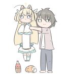  1boy 1girl :3 ? ahoge animal_ear_fluff animal_ears bio_iru black_hair black_thighhighs blonde_hair blue_eyes blunt_ends blush_stickers bright_pupils cat_ears chips_(food) closed_mouth coca-cola commentary crossed_bangs food full_body green_eyes hair_between_eyes highres kemonomimi_mode long_hair longcat_(meme) looking_at_viewer meme miniskirt potato_chips shirayuki_noa short_hair sidelocks simple_background skirt sleeves_past_fingers sleeves_past_wrists smile tanikaze_riku tenshi_souzou_re-boot! thigh-highs two_side_up very_long_hair white_background white_pupils white_skirt wide_sleeves 