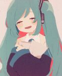  1girl blue_hair blush blush_stickers closed_eyes collared_shirt crying detached_sleeves hatsune_miku headphones holding holding_paper long_hair long_sleeves open_mouth paper ponponzutea shirt sleeveless sleeveless_shirt smile solo tears twintails upper_body very_long_hair vocaloid 
