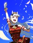  1girl :d animal_ears arm_up blue_bow blue_sky blunt_bangs bow bowtie brown_headwear clenched_hand commentary_request dress ear_bow from_below gloves gold_ship_(umamusume) grey_hair horse_ears horse_girl koppe_koppe long_hair pillbox_hat red_bow red_bowtie red_dress sky sleeveless sleeveless_dress smile solo umamusume violet_eyes white_gloves 