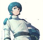  1boy blue_eyes blue_hair carrying carrying_under_arm closed_mouth grey_background gundam helmet jumpsuit kamille_bidan kuromiya male_focus one-hour_drawing_challenge simple_background solo thick_eyebrows twitter_username unworn_headwear unworn_helmet v-shaped_eyebrows white_headwear white_jumpsuit zeta_gundam 