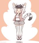  1girl animal_ears arms_up belt coroha extra_ears full_body grey_hair jacket jumping kemono_friends kemono_friends_3 lemur_ears lemur_girl lemur_tail looking_at_viewer pink_background ring-tailed_lemur_(kemono_friends) shirt shoes short_hair shorts simple_background solo sunglasses tail thigh-highs 