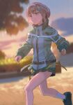  1girl :t backlighting blurry blurry_background brown_eyes brown_hair closed_mouth commentary_request feet_out_of_frame green_jacket hairband heaven_burns_red highres jacket looking_afar ooshima_muua outdoors running shiboshibo sleeves_past_wrists solo sunset sweat white_hairband yellow_jacket 
