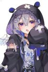  1girl absurdres amane_kanata amane_kanata_(6th_costume) animal_hood black_choker black_jacket blue_hair cat_hair_ornament character_print choker colored_inner_hair grey_hair hair_ornament hairpin highres hololive hood hooded_jacket jacket looking_at_viewer multicolored_hair official_alternate_costume pink_hair self_character_print shirt sleeves_past_fingers sleeves_past_wrists solo virtual_youtuber white_background white_shirt x_hair_ornament xivi9 