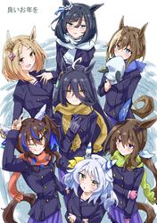  6+girls :p admire_vega_(umamusume) ahoge animal_ears black_hair blonde_hair blue_eyes blush breasts brown_hair cheval_grand_(umamusume) commentary_request covered_mouth crossed_arms daitaku_helios_(umamusume) eishin_flash_(umamusume) gloves grey_hair hair_between_eyes hair_ornament hat hishi_miracle_(umamusume) horse_ears horse_girl horse_tail long_hair looking_at_viewer manhattan_cafe_(umamusume) medium_breasts multiple_girls narita_top_road_(umamusume) nodachi_(artist) one_eye_closed open_mouth ponytail scarf school_uniform tail tongue tongue_out translation_request umamusume white_background winter_uniform 