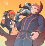  1girl 2boys blue_bodysuit blue_eyes blue_gloves blue_hair bodysuit cape clair_(pokemon) dark-skinned_male dark_skin dynamax_band gloves gradient_background hood hoodie lance_(pokemon) looking_at_viewer multiple_boys open_mouth pokemon pokemon_hgss pokemon_swsh ponytail raihan_(pokemon) redhead smile ten_(amakara_tenten) 