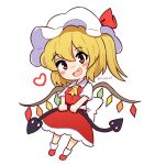 1girl absurdres ascot back_bow blonde_hair blush_stickers bow breasts chibi collared_shirt commentary english_commentary fang ferdy&#039;s_lab flandre_scarlet frilled_skirt frills full_body hair_between_eyes happy hat head_tilt heart highres holding holding_polearm holding_weapon laevatein_(touhou) large_bow looking_at_viewer medium_hair mob_cap multicolored_wings one_side_up open_mouth polearm puffy_short_sleeves puffy_sleeves red_eyes red_footwear red_skirt red_vest shirt short_sleeves simple_background skirt small_breasts smile socks solo touhou vest weapon white_background white_bow white_headwear white_shirt white_socks wings yellow_ascot 