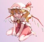  1girl ascot back_bow blonde_hair blush_stickers bow closed_mouth collared_shirt crying crying_with_eyes_open flandre_scarlet hair_between_eyes hat hat_ribbon highres large_bow long_hair looking_at_viewer mob_cap molly_yancey multicolored_wings one_side_up pink_background puffy_short_sleeves puffy_sleeves red_eyes red_ribbon red_skirt red_vest ribbon ribbon-trimmed_headwear ribbon_trim shirt short_sleeves simple_background skirt sleeve_ribbon solo tears touhou vest white_bow white_headwear white_shirt wings yellow_ascot 