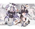  2girls alternate_costume apron black_dress black_hair blue_archive cat commentary_request demon_girl demon_horns demon_wings dress enmaided forehead hair_between_eyes halo highres hina_(blue_archive) horns kayoko_(blue_archive) long_hair long_sleeves looking_at_viewer maid maid_apron maid_headdress mary_janes multicolored_hair multiple_girls navel okurahokori parted_bangs parted_lips paw_pose ponytail red_eyes shoes sidelocks simple_background single_wing stomach thigh-highs two-tone_hair violet_eyes wavy_hair white_hair white_thighhighs wings zettai_ryouiki zoom_layer 