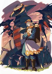  1boy backpack bag baseball_cap black_wings blonde_hair boots border brown_footwear crossed_arms elemoncake giratina giratina_(altered) hat multiple_legs on_grass pokemon pokemon_(creature) pokemon_legends:_arceus red_eyes short_hair standing volo_(pokemon) white_border wings 