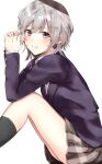  absurdres black_jacket black_socks blazer brown_skirt collared_shirt commentary_request elbows_on_knees from_side grey_eyes grey_hair highres jacket jaku-chara_tomozaki-kun ka1se1 kikuchi_fuuka kneehighs knees_up long_sleeves looking_at_viewer looking_to_the_side miniskirt parted_lips plaid plaid_skirt pleated_skirt school_uniform shirt short_hair sitting skirt smile socks white_background white_shirt 