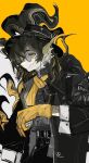  052_(saniiiwan) 1boy absurdres arknights black_hair black_headwear closed_mouth furry furry_male glasses gloves hat highres lee_(arknights) looking_at_viewer male_focus round_eyewear solo yellow_background yellow_eyes yellow_gloves 