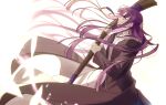  1girl black_coat coat cowboy_shot dress fern_(sousou_no_frieren) floating_hair from_side hair_ornament half_updo hands_up highres holding holding_staff korean_commentary long_hair long_sleeves looking_up mungg_kki profile purple_hair simple_background solo sousou_no_frieren staff straight_hair white_background white_dress wind 