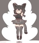  1girl animal_ears arms_up belt black_background black_hair black_serval_(kemono_friends) bow bowtie cat_ears cat_girl cat_tail coroha elbow_gloves extra_ears full_body gloves jumping kemono_friends kemono_friends_3 long_hair looking_at_viewer shirt shoes simple_background skirt sleeveless sleeveless_shirt solo tail thigh-highs 