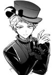  1boy akiyama_enma commentary_request cropped_torso ensemble_stars! greyscale hand_up hat itsuki_shu jacket looking_at_viewer male_focus monochrome shirt short_hair sketch smile solo top_hat 