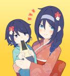  2girls blue_kimono carrying carrying_person child eating floral_print flower food hair_flower hair_ornament happy highres japanese_clothes kimono kyutai_x mochi mother_and_daughter multiple_girls original print_kimono red_kimono short_hair smile 