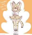  1girl animal_ears arms_up belt bow bowtie brown_background cat_ears cat_girl cat_tail coroha elbow_gloves extra_ears full_body gloves grey_hair jumping kemono_friends kemono_friends_3 looking_at_viewer serval_(ex4)_(kemono_friends) serval_print shirt shoes short_hair simple_background skirt sleeveless sleeveless_shirt solo tail thigh-highs 