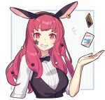  1girl 2024 alternate_costume animal_ears arm_up black_bow black_bowtie blue_border border bow bowtie card commentary_request eyelashes facial_mark fake_animal_ears fire_emblem fire_emblem_engage grey_background haconeri hair_ornament long_hair looking_at_viewer rabbit_ears red_eyes redhead smile solo star_(symbol) star_facial_mark star_hair_ornament teeth two-tone_background upper_body white_background yunaka_(fire_emblem) 