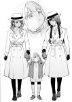  3girls :o aged_down alternate_costume arms_up bike_shorts buttons coat double-breasted earrings expressionless facing_another fedora full_body greyscale hagyouayumu hat highres holding_another&#039;s_wrist hoop_earrings idolmaster idolmaster_shiny_colors izumi_mei jewelry mayuzumi_fuyuko monochrome multiple_girls serizawa_asahi shoes simple_background sleeves_past_fingers sleeves_past_wrists sneakers straylight_(idolmaster) trench_coat white_background zoom_layer 