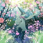  absurdres blurry closed_mouth commentary_request day depth_of_field falling_petals flower from_side highres koso2023 meowscarada outdoors petals pink_eyes pink_flower pokemon pokemon_(creature) smile solo standing tree 