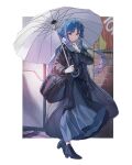  1girl blue_hair bocchi_the_rock! earphones highres holding holding_umbrella innochan rain scarf short_hair umbrella yamada_ryo yellow_eyes 