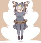  1girl arms_up bird_girl bird_tail bird_wings brown_background coroha feathered_wings full_body great_cormorant_(kemono_friends) grey_hair head_wings jewelry jumping kemono_friends kemono_friends_3 long_hair looking_at_viewer necklace pantyhose shirt shoes simple_background skirt solo tail wings 