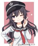  1girl ;) akatsuki_(kancolle) ame-rain arm_up black_hair black_sailor_collar hand_on_own_hip hat highres kantai_collection long_sleeves looking_at_viewer neckerchief one_eye_closed red_neckerchief sailor_collar simple_background smile solo star_(symbol) upper_body violet_eyes 