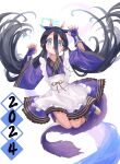  1girl 2024 absurdly_long_hair absurdres apron aris_(blue_archive) black_hair blue_archive blue_eyes blush cosplay dragon_horns dragon_tail fingerless_gloves frilled_apron frills ggangtong gloves green_halo halo highres horns japanese_clothes kimono laundry_dragonmaid laundry_dragonmaid_(cosplay) long_hair looking_at_viewer open_mouth purple_gloves purple_kimono simple_background solo tail very_long_hair white_apron white_background yu-gi-oh! 