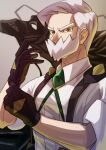  1boy adjusting_clothes adjusting_gloves beard brown_eyes collared_shirt drayden_(pokemon) facial_hair gem gloves green_gemstone grey_background highres looking_down male_focus natupath_summer pokemon pokemon_bw shirt short_hair short_sleeves solo suspenders upper_body white_hair white_shirt 