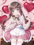  1girl :o apron balloon beret blue_eyes blush bow brown_bow brown_hair candy chocolate collared_shirt commentary_request food frilled_apron frilled_skirt frills grey_headwear hair_between_eyes hands_up hat head_tilt heart heart-shaped_chocolate heart_balloon holding holding_food kohinata_hoshimi long_hair looking_at_viewer low_twintails original parted_lips pink_background pink_shirt pink_skirt shirt simple_background sitting skirt solo spatula thigh-highs twintails very_long_hair white_apron white_thighhighs 