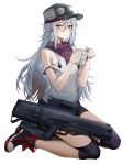  1girl assault_rifle boots brown_eyes cup g11_(girls&#039;_frontline) girls_frontline green_headwear grey_hair gun h&amp;k_g11 hat highres holding holding_cup kitsune_udon_(ai_br) long_hair looking_at_viewer messy_hair rifle seiza sitting smile solo weapon white_background 